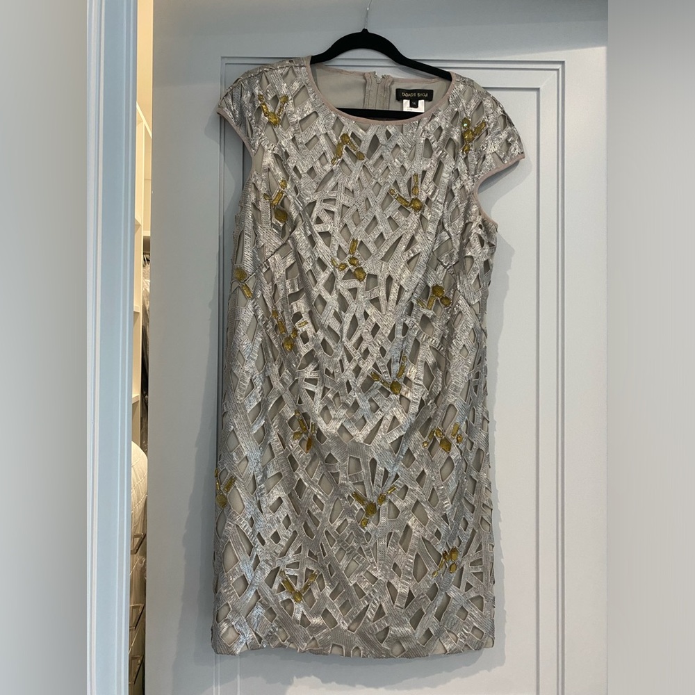 Tadashi Shoji Silver Metallic Cutout Mini Dress with Gold Accents